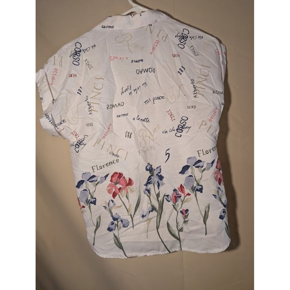 Caliche Floral Script Print Short‎ Sleeve Button Shirt Medium USA - Picture 2 of 3